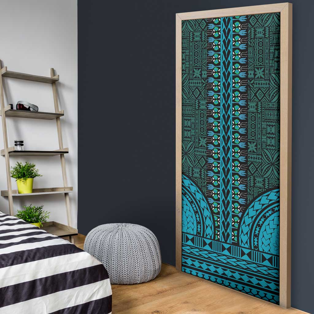 Teal Dashiki and Tapa Pattern Door Cover Africa-Polynesia Together Culture