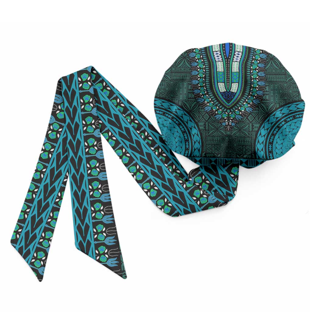 Teal Dashiki and Tapa Pattern Easy Headwrap Africa and Polynesia Together Culture
