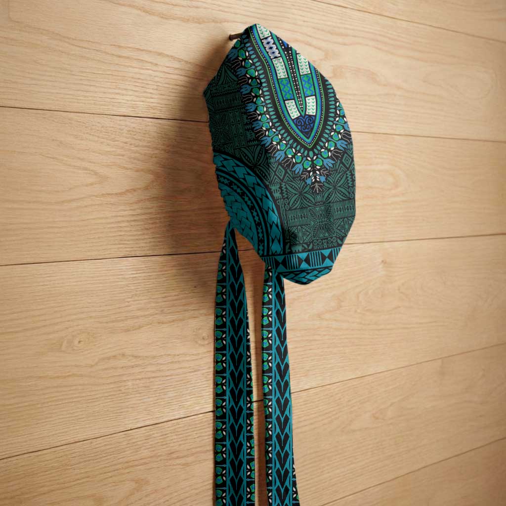 Teal Dashiki and Tapa Pattern Easy Headwrap Africa and Polynesia Together Culture