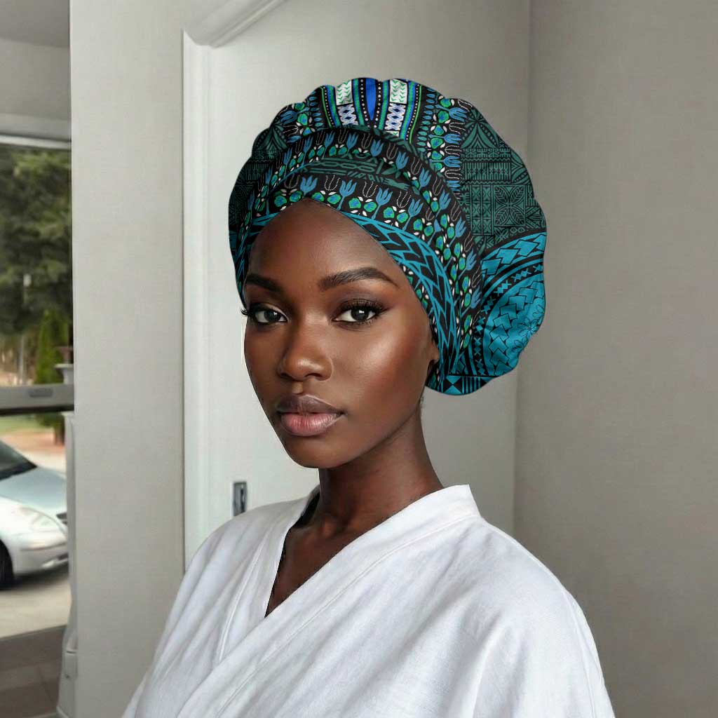 Teal Dashiki and Tapa Pattern Easy Headwrap Africa and Polynesia Together Culture