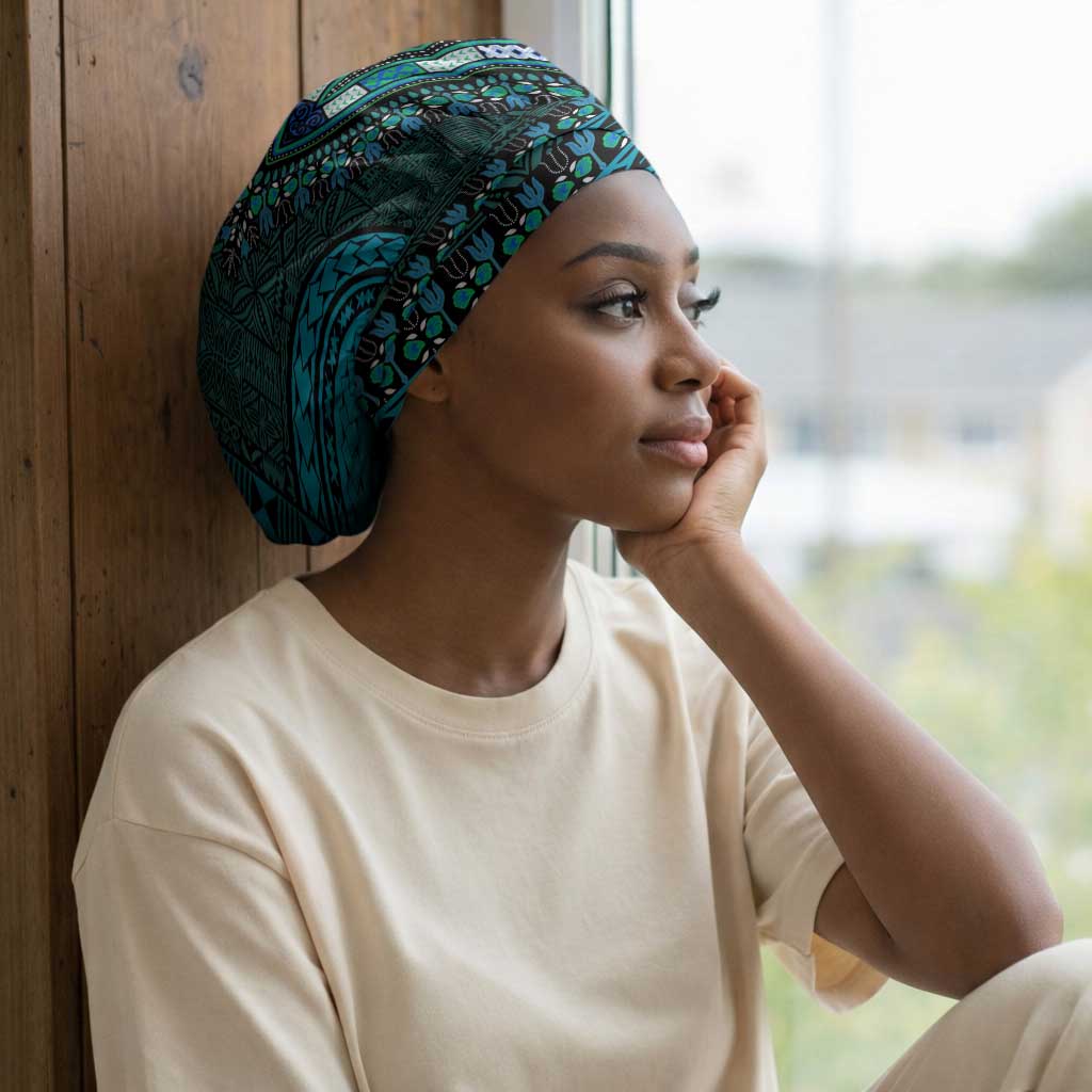 Teal Dashiki and Tapa Pattern Easy Headwrap Africa and Polynesia Together Culture