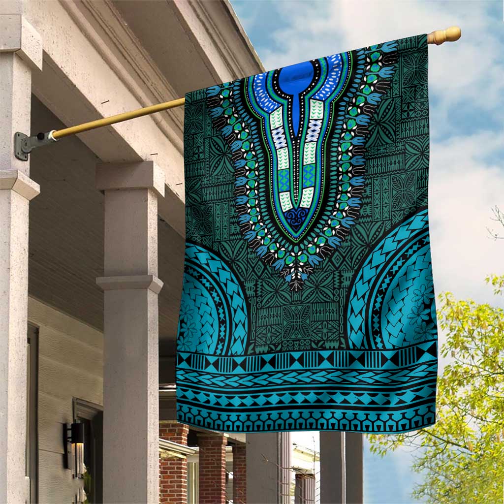 Teal Dashiki and Tapa Pattern Garden Flag Africa-Polynesia Together Culture