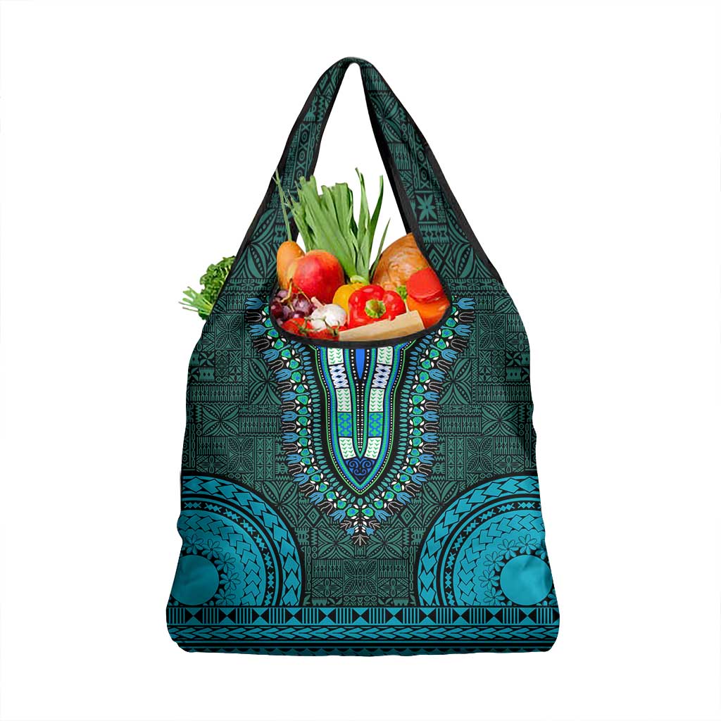 Teal Dashiki and Tapa Pattern Grocery Bag Africa-Polynesia Together Culture