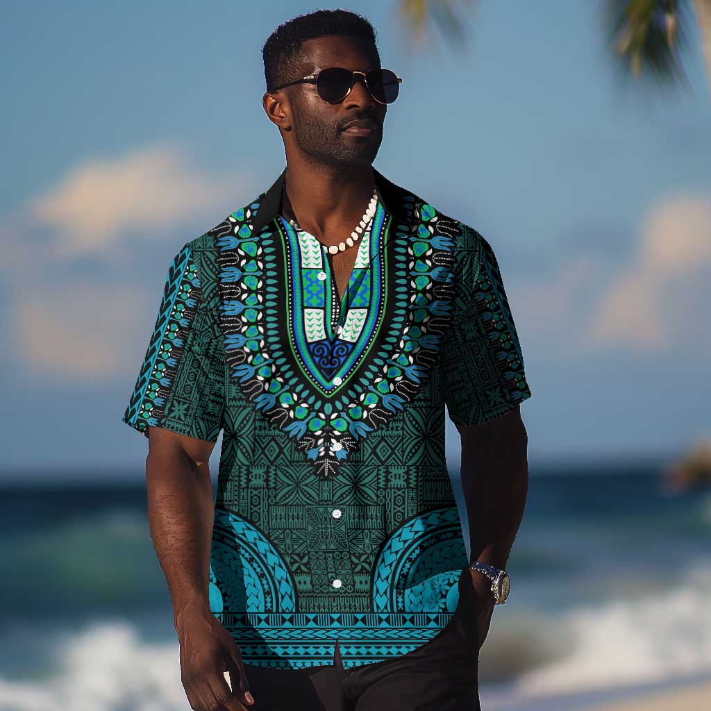 Teal Dashiki and Tapa Pattern Hawaiian Shirt Africa-Polynesia Together Culture