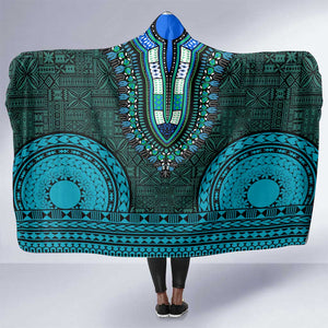 Teal Dashiki and Tapa Pattern Hooded Blanket Africa-Polynesia Together Culture