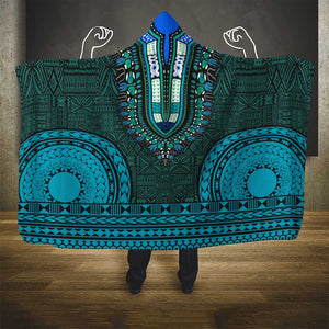 Teal Dashiki and Tapa Pattern Hooded Blanket Africa-Polynesia Together Culture