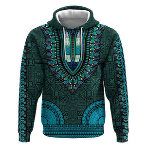 Teal Dashiki and Tapa Pattern Hoodie Africa-Polynesia Together Culture