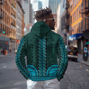 Teal Dashiki and Tapa Pattern Hoodie Africa-Polynesia Together Culture