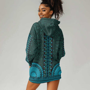 Teal Dashiki and Tapa Pattern Hoodie Dress Africa-Polynesia Together Culture