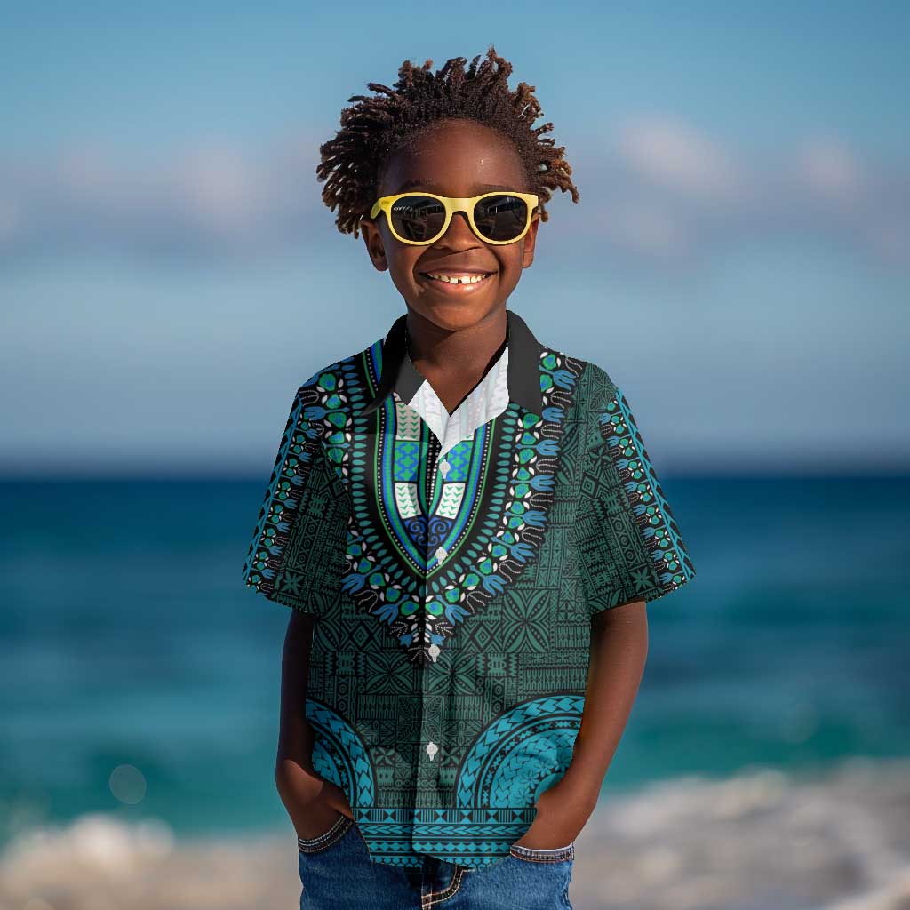 Teal Dashiki and Tapa Pattern Kid Hawaiian Shirt Africa-Polynesia Together Culture