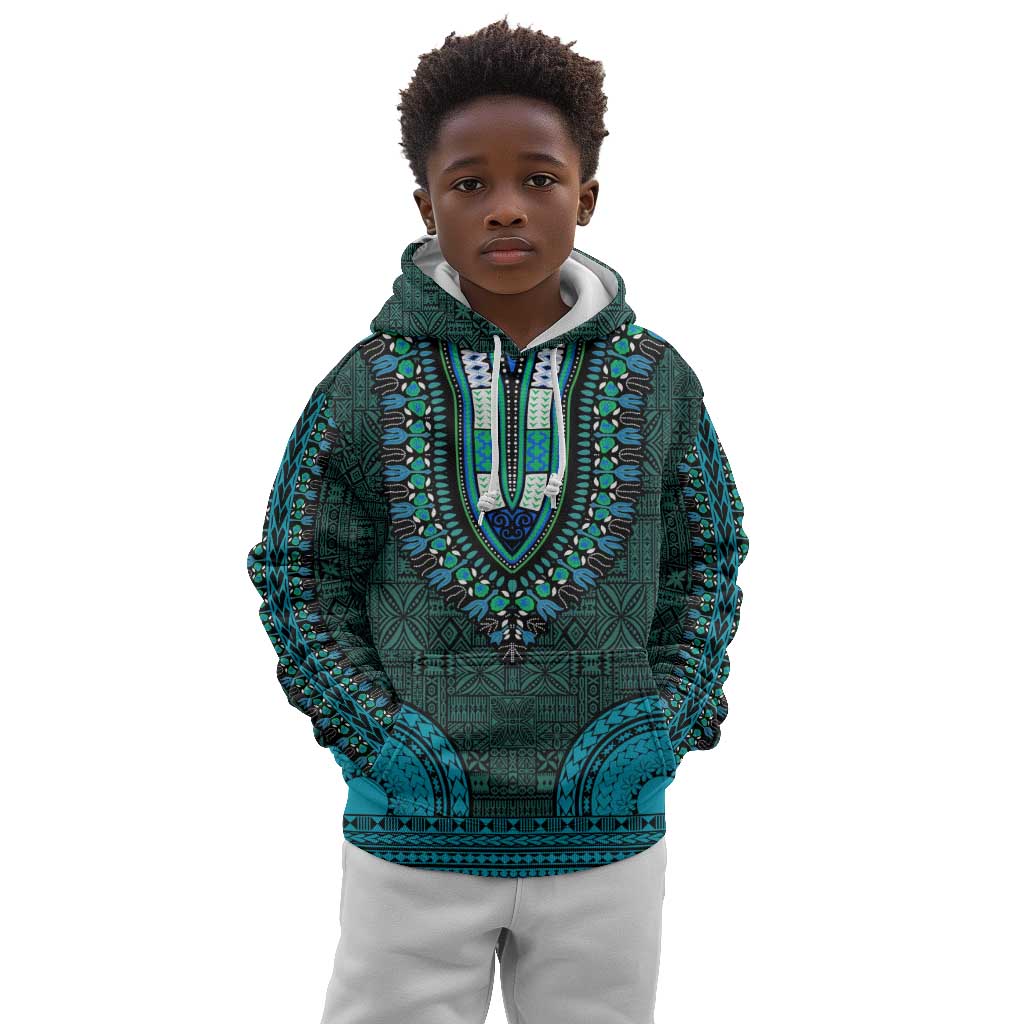 Teal Dashiki and Tapa Pattern Kid Hoodie Africa-Polynesia Together Culture