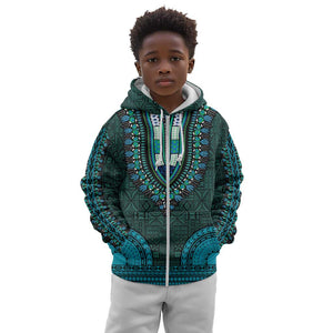 Teal Dashiki and Tapa Pattern Kid Hoodie Africa-Polynesia Together Culture