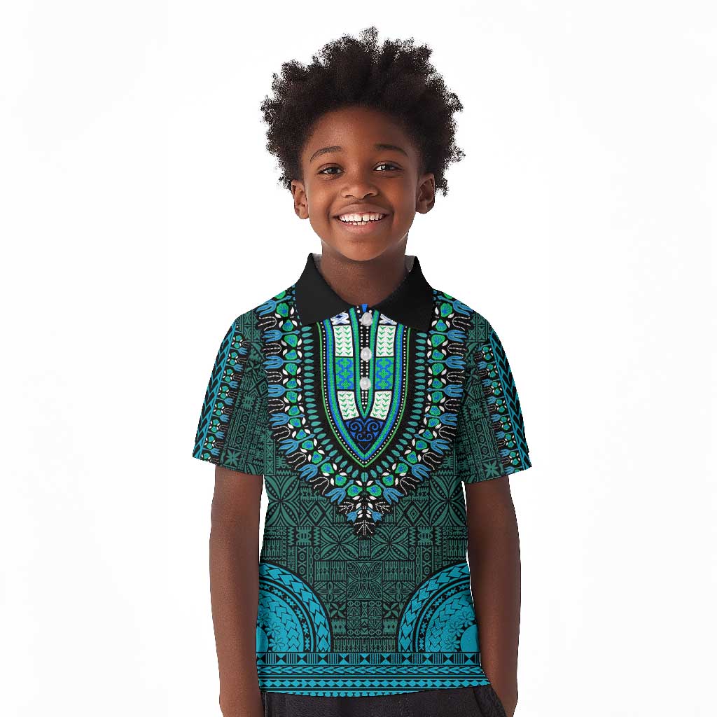 Teal Dashiki and Tapa Pattern Kid Polo Shirt Africa-Polynesia Together Culture