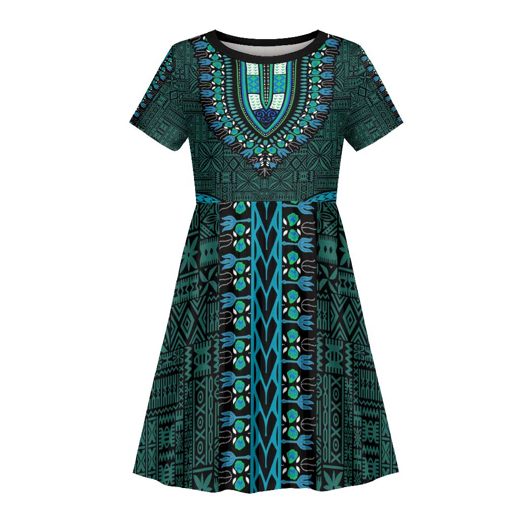 Teal Dashiki and Tapa Pattern Kid Short Sleeve Dress Africa-Polynesia Together Culture