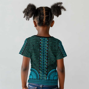 Teal Dashiki and Tapa Pattern Kid T shirt Africa-Polynesia Together Culture