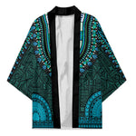 Teal Dashiki and Tapa Pattern Kimono Africa-Polynesia Together Culture
