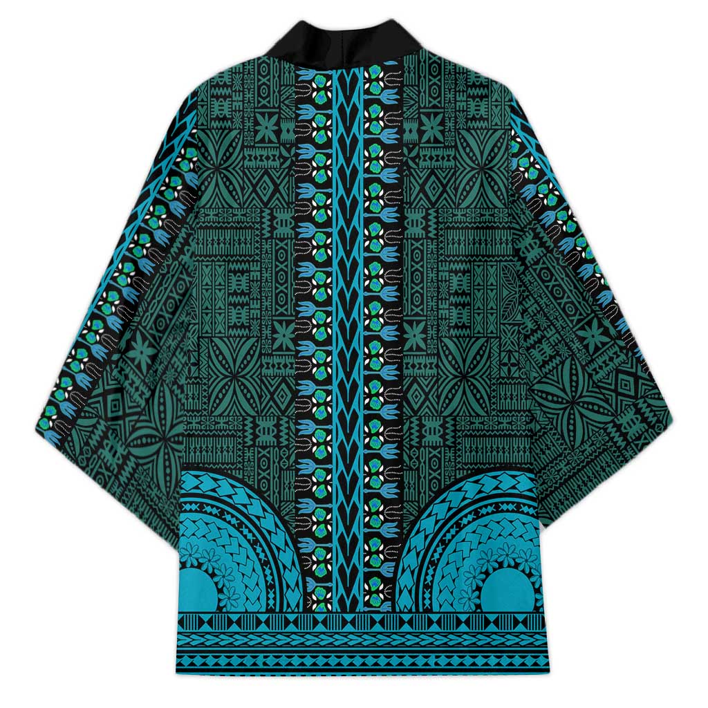 Teal Dashiki and Tapa Pattern Kimono Africa-Polynesia Together Culture
