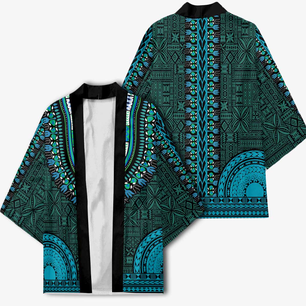 Teal Dashiki and Tapa Pattern Kimono Africa-Polynesia Together Culture