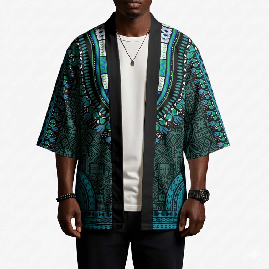 Teal Dashiki and Tapa Pattern Kimono Africa-Polynesia Together Culture