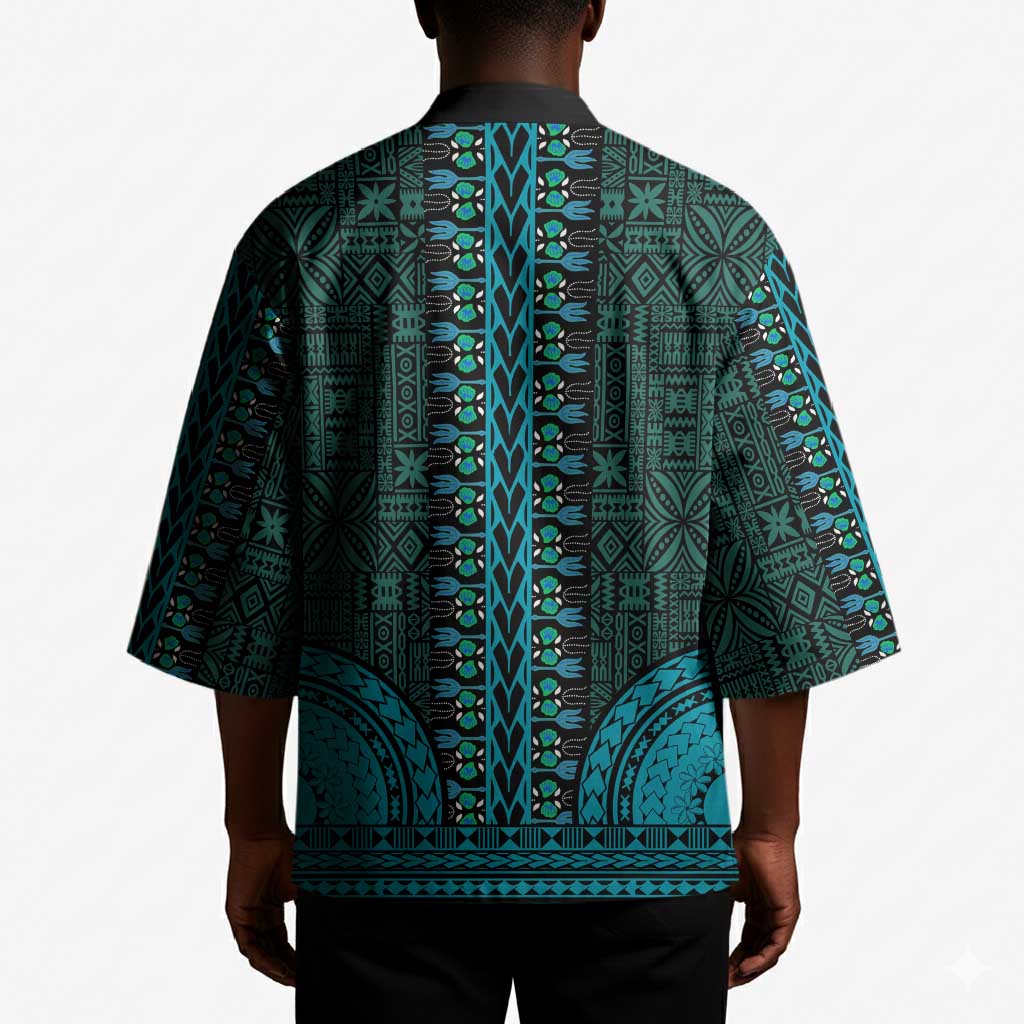 Teal Dashiki and Tapa Pattern Kimono Africa-Polynesia Together Culture