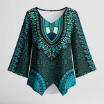 Teal Dashiki and Tapa Pattern Kimono Sleeve Blouse Africa-Polynesia Together Culture