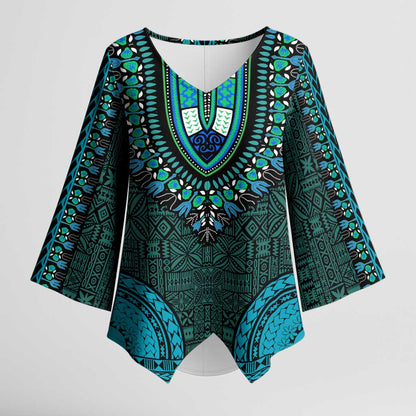 Teal Dashiki and Tapa Pattern Kimono Sleeve Blouse Africa-Polynesia Together Culture