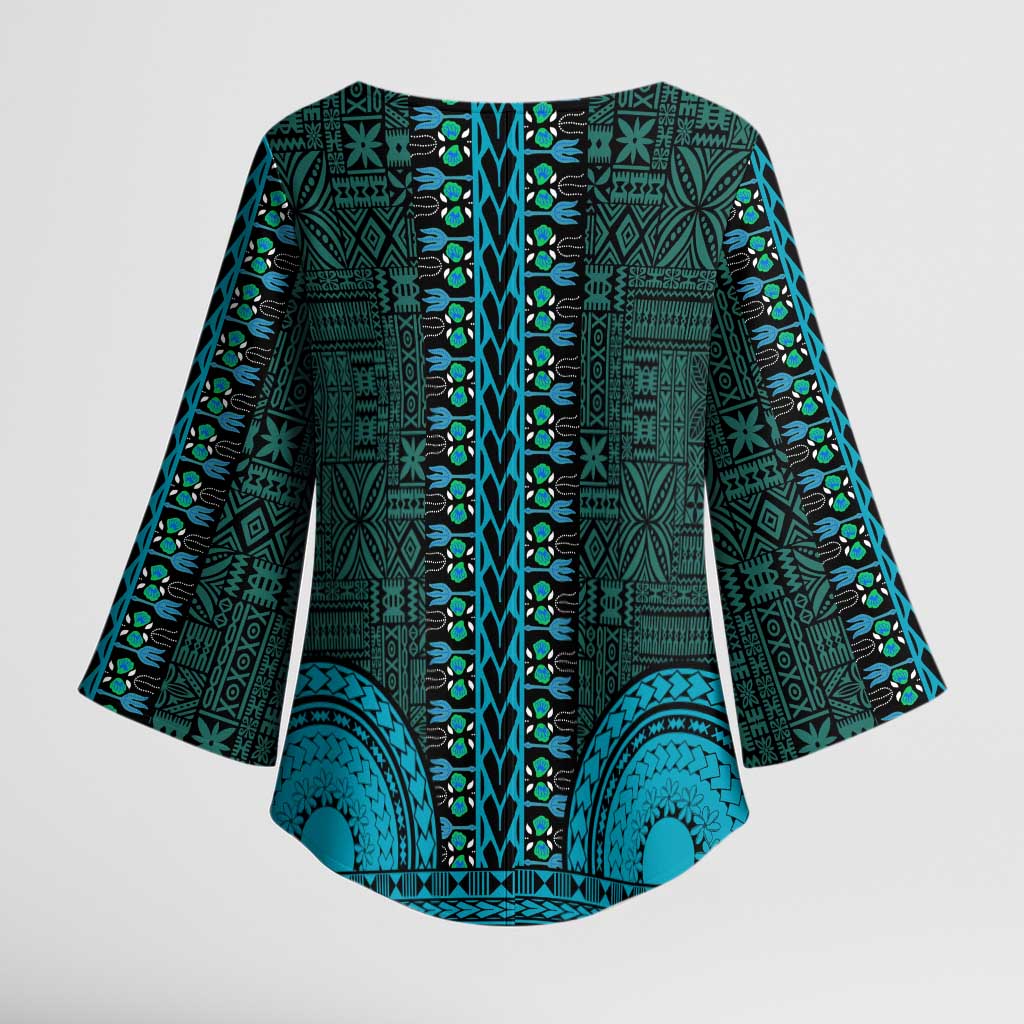 Teal Dashiki and Tapa Pattern Kimono Sleeve Blouse Africa-Polynesia Together Culture