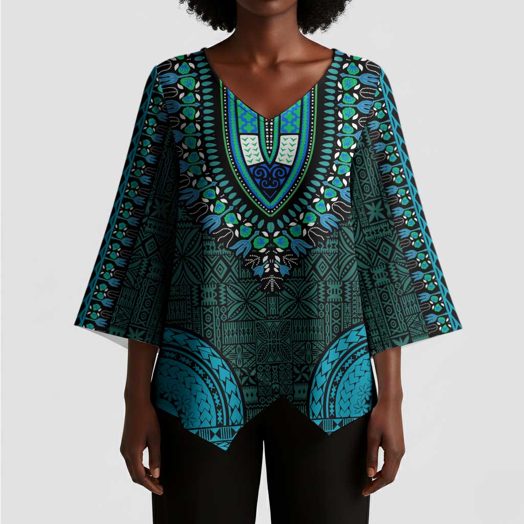 Teal Dashiki and Tapa Pattern Kimono Sleeve Blouse Africa-Polynesia Together Culture