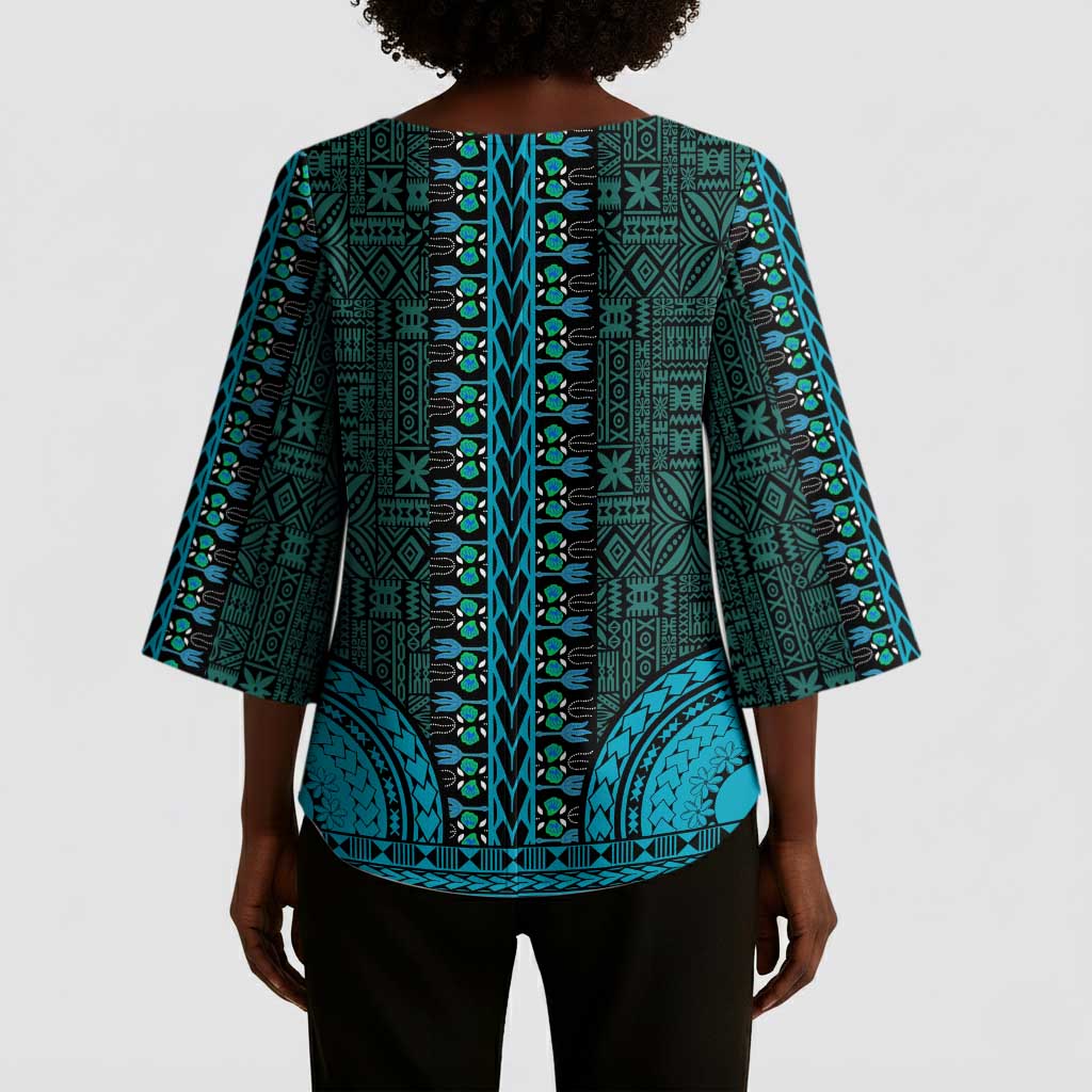 Teal Dashiki and Tapa Pattern Kimono Sleeve Blouse Africa-Polynesia Together Culture