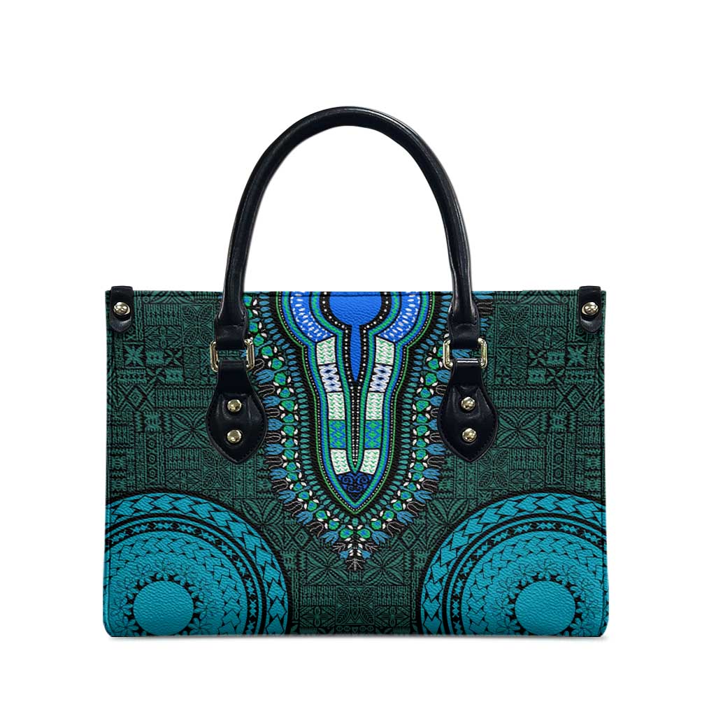 Teal Dashiki and Tapa Pattern Leather Bag Africa-Polynesia Together Culture