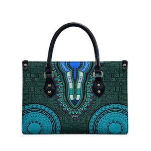 Teal Dashiki and Tapa Pattern Leather Bag Africa-Polynesia Together Culture