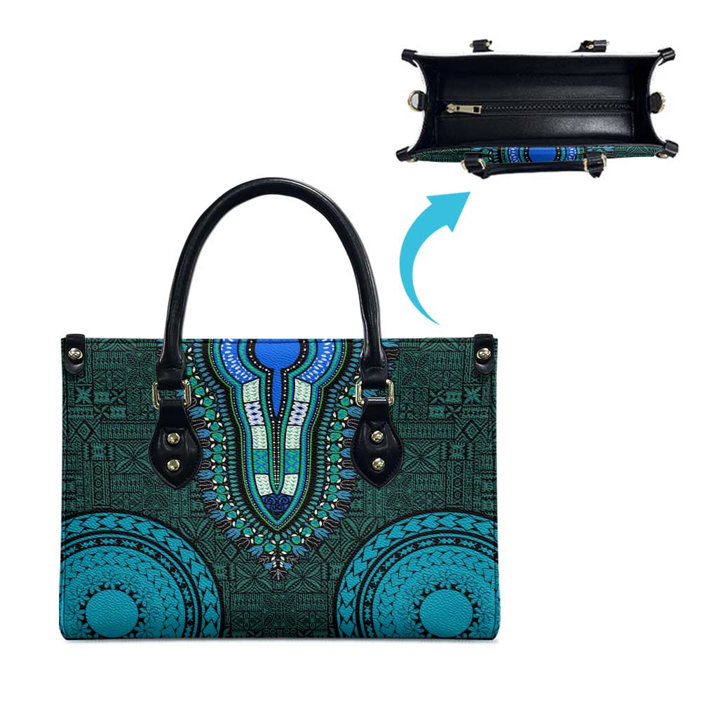 Teal Dashiki and Tapa Pattern Leather Bag Africa-Polynesia Together Culture