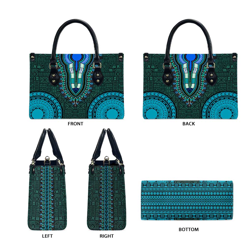 Teal Dashiki and Tapa Pattern Leather Bag Africa-Polynesia Together Culture