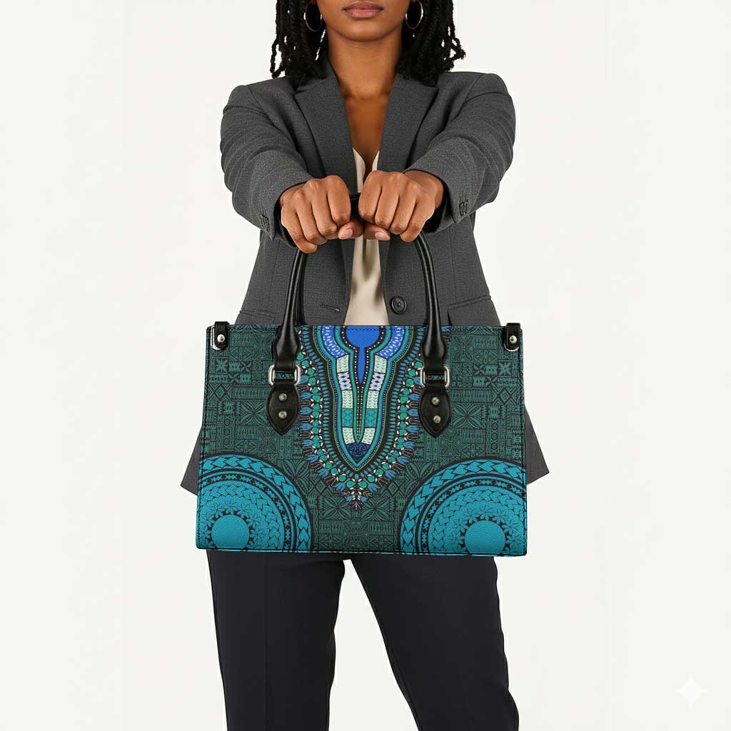 Teal Dashiki and Tapa Pattern Leather Bag Africa-Polynesia Together Culture