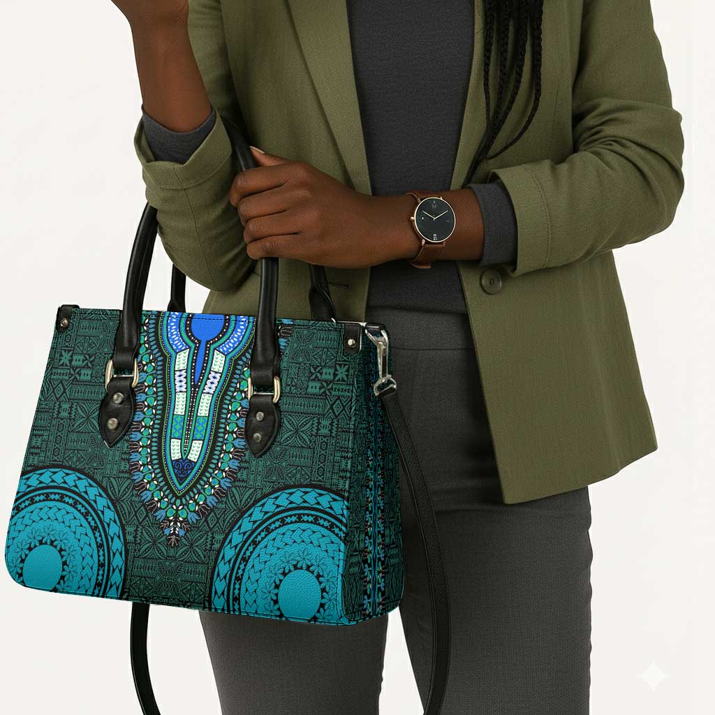 Teal Dashiki and Tapa Pattern Leather Bag Africa-Polynesia Together Culture