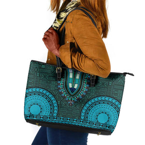 Teal Dashiki and Tapa Pattern Leather Tote Bag Africa-Polynesia Together Culture