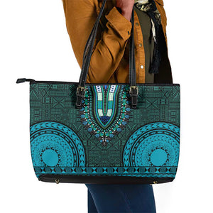 Teal Dashiki and Tapa Pattern Leather Tote Bag Africa-Polynesia Together Culture