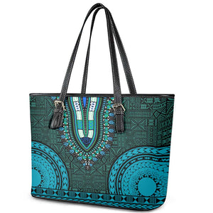 Teal Dashiki and Tapa Pattern Leather Tote Bag Africa-Polynesia Together Culture