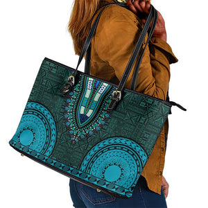 Teal Dashiki and Tapa Pattern Leather Tote Bag Africa-Polynesia Together Culture