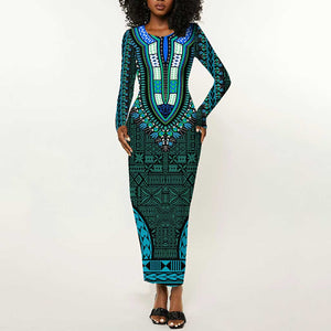 Teal Dashiki and Tapa Pattern Long Sleeve Bodycon Dress Africa-Polynesia Together Culture