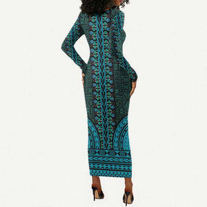 Teal Dashiki and Tapa Pattern Long Sleeve Bodycon Dress Africa-Polynesia Together Culture