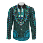 Teal Dashiki and Tapa Pattern Long Sleeve Button Shirt Africa-Polynesia Together Culture