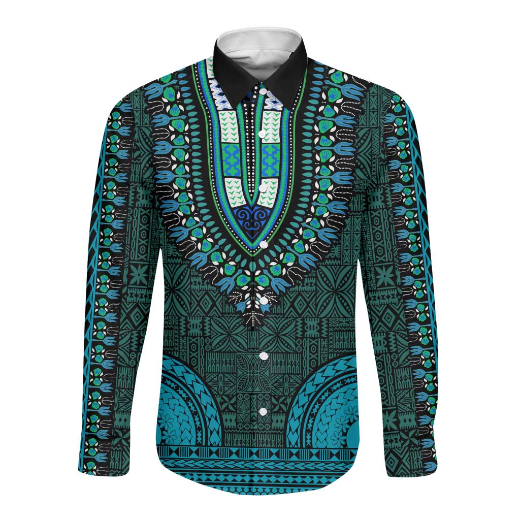 Teal Dashiki and Tapa Pattern Long Sleeve Button Shirt Africa-Polynesia Together Culture