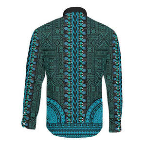 Teal Dashiki and Tapa Pattern Long Sleeve Button Shirt Africa-Polynesia Together Culture