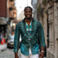 Teal Dashiki and Tapa Pattern Long Sleeve Button Shirt Africa-Polynesia Together Culture
