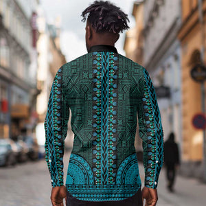 Teal Dashiki and Tapa Pattern Long Sleeve Button Shirt Africa-Polynesia Together Culture