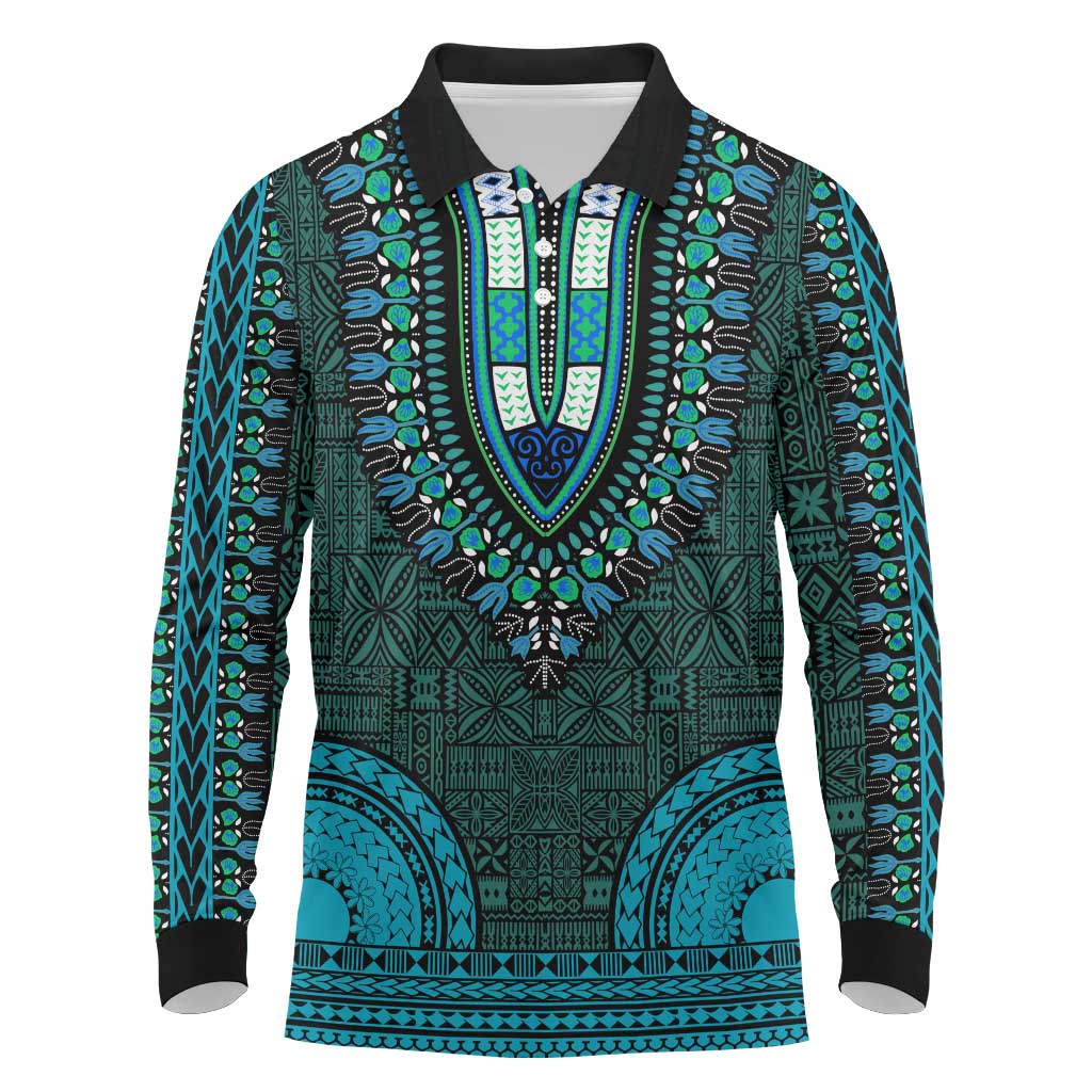 Teal Dashiki and Tapa Pattern Long Sleeve Polo Shirt Africa-Polynesia Together Culture