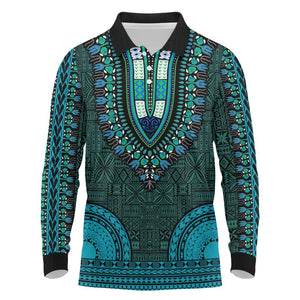 Teal Dashiki and Tapa Pattern Long Sleeve Polo Shirt Africa-Polynesia Together Culture