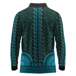 Teal Dashiki and Tapa Pattern Long Sleeve Polo Shirt Africa-Polynesia Together Culture