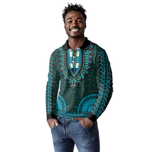 Teal Dashiki and Tapa Pattern Long Sleeve Polo Shirt Africa-Polynesia Together Culture